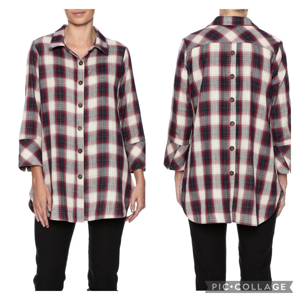 Boho Chic Plaid Button Down Shirt w/Back Buttons Size Small